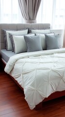 Poster - Bedroom Interior Design with Bed Pillows and Duvet in Modern Style Home Decor with Window Light