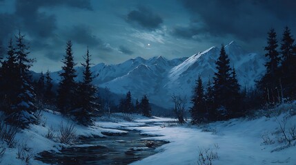 Poster - Winter night landscape, snowy forest and fir branches