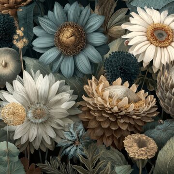 Floral arrangement featuring blue white and brown flowers in a dark moody setting artistic rendering