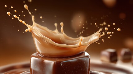 Poster - Milk Chocolate Cube with Caramel Splash High Angle Studio Shot Delicious Dessert Sweet Treat Indulgence Decadent Food Photography