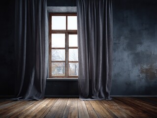 Poster - Interior view of rustic room with window and gray curtains in moody light studio shot