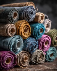 Poster - Close-up of Stacked Colorful Fabric Rolls on Wooden Surface, Textured Materials, Textile Industry, Rustic Style, Studio Shot