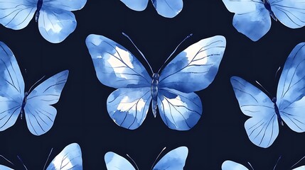 Wall Mural - Blue butterflies pattern, dark background, textile design