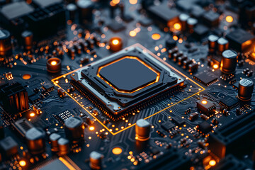 Poster - Close up of a computer processor and motherboard displaying advanced technology microchip electronic components high tech industry connectivity