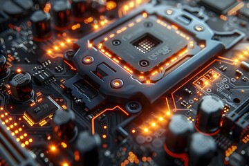 Poster - Macro shot of a modern computer motherboard with glowing orange circuitry highlighting technology and innovation