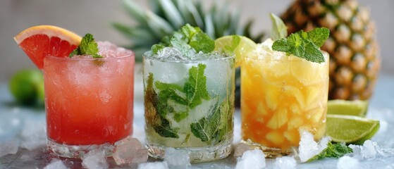 Poster - Tropical Cocktails Refreshing Drinks with Grapefruit Mint Pineapple and Lime Summer Beverages Close Up