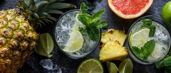Poster - Refreshing cocktail preparation with pineapple grapefruit lime and mint overhead shot of summer drinks on dark background