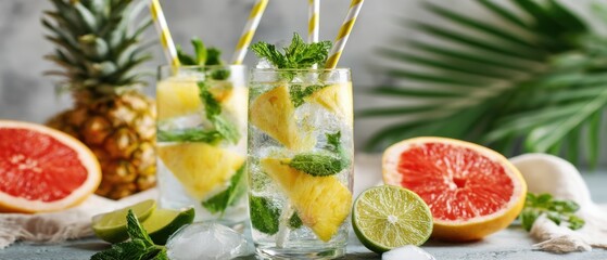 Poster - Refreshing Pineapple Mojito Cocktails with Mint and Citrus Fruits Still Life Close Up Summer Drink