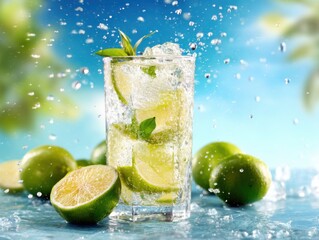 Poster - Refreshing lime mojito cocktail with ice and mint garnish in glass with water splash on blue background
