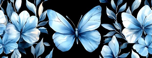 Wall Mural - Blue butterfly floral pattern, dark background
