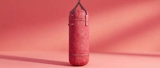 Poster - Punching Bag Still Life on Coral Background Studio Shot Boxing Equipment Training Tool Strength Workout Gym