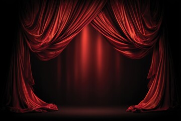 Poster - Dramatic red stage curtains opening in spotlight studio shot for theater performance or presentation backdrop
