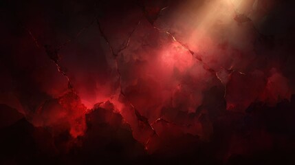 Fototapete - Abstract red and black background with cracks and light rays digital art painting style dark fantasy landscape