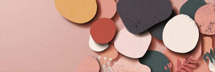 Fototapete - Abstract Art Sticker Shapes Layered on a Soft Pink Background Creating a Modern Decorative Effect