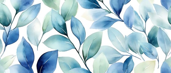 Wall Mural - Blue leaves watercolor pattern, nature background, design