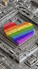 Poster - Rainbow Heart on CPU Close Up, Technology, Pride, Love, Diversity, Inclusion, LGBTQ+, Computer, Microchip, Circuit Board, High Angle View
