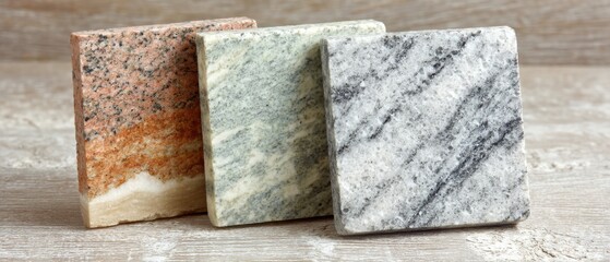Poster - Close-up of Three Granite Marble Stone Samples on Wooden Surface for Countertop or Flooring Choices in Home Interior Design