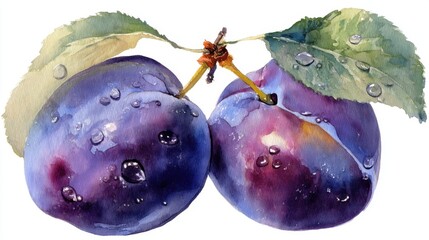 Poster - Watercolor Painting of Two Fresh Plums with Leaves and Water Droplets Close Up Still Life Isolated