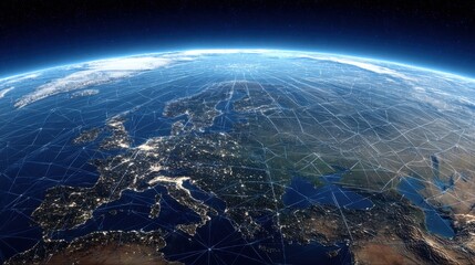 Poster - Earth View from Space Europe and Asia Network Connection Digital Grid Communication Technology Satellite Perspective