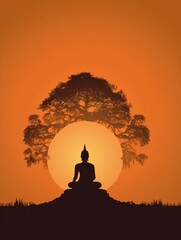 Poster - Meditating Buddha Under Bodhi Tree at Sunset Creating a Serene Atmosphere of Peace and Mindfulness
