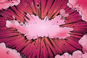 Poster - Comic book style explosion background with pink halftone clouds and radial lines graphic illustration
