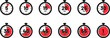 © Yevhenii - Set of timer clock faces and stopwatch icons. The countdown timer displays hours and minutes. Stopwatch shows intervals ranging from 5 to 60 minutes. Kitchen timer icon with minutes. Vector