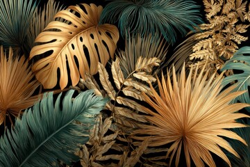 Poster - Tropical Foliage Close-Up Golden and Teal Leaves on Black Background Botanical Illustration Art Deco Style