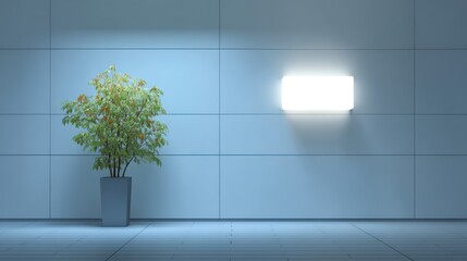 Poster - Minimalist interior design featuring a potted plant against a blue tiled wall with a bright rectangular wall light indoor studio shot