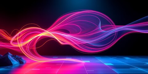 Poster - Abstract glowing pink and blue wave with rocks on a tiled floor against a dark background scene