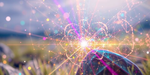 Poster - A digitally rendered image of a glowing network over a landscape with a blurred background view