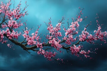 Poster - Blossoming Cherry Tree Branch Against Teal Sky Artistic Oil Painting Style Close Up View Springtime Floral Scene