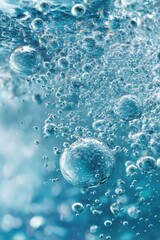 Poster - Bubbles Rising Through Blue Water Close Up Shot Abstract Nature Background Refreshing Liquid Texture Underwater