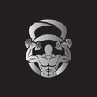 © Usama - Gym Bodybuilder Flexing Arm holding dumbbell vector logo with kettlebell