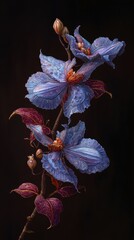 Poster - Elegant blue clematis flowers bloom in a dark garden artistic close up macro shot of floral beauty