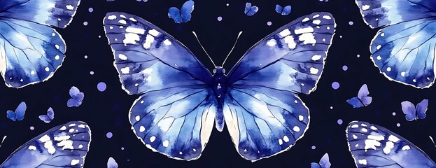 Wall Mural - Blue butterflies watercolor pattern, dark background, nature