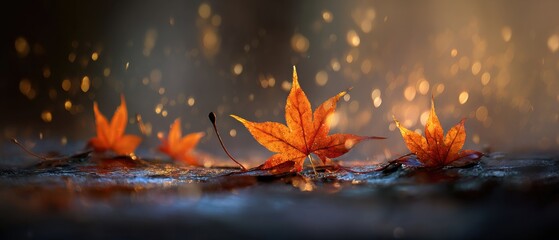 Poster - Autumnal Still Life of Maple Leaves on Wet Ground with Bokeh Background in a Dark and Moody Style