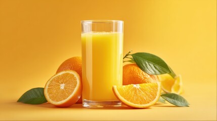 Poster - Orange juice in glass with fresh oranges and leaves on yellow background studio shot still life vibrant color