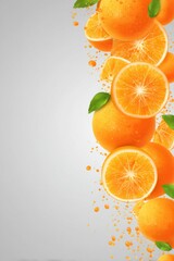 Poster - Fresh Oranges Floating in Air with Juice Splashes on Gray Background Studio Shot Product Display
