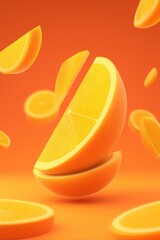 Poster - Sliced Orange Segments Floating on Orange Background Studio Shot Fresh Citrus Fruit Close Up Food Photography