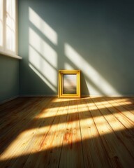 Poster - Interior scene with golden frame on wood floor bathed in sunlight near window against wall