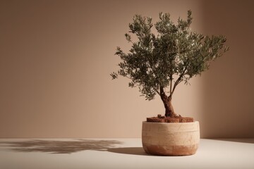 Poster - Olive tree in pot on beige background studio shot minimalist style indoor plant natural light simple elegant design home decor