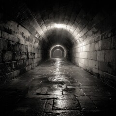 Poster - Dark Stone Tunnel Perspective View with Light at the End Monochrome Underground Location Mystery