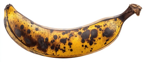 Poster - Overripe banana close up studio shot on white background showing brown spots and aged peel indicating spoilage and decay