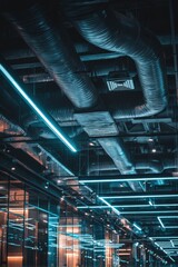 Poster - Abstract architecture featuring industrial ceiling with ducts and neon lights in a modern building interior