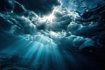 Poster - Underwater View of Sun Rays Filtering Through Ocean Surface Abstract Nature Scene Deep Blue Sea