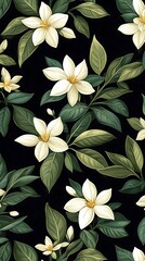 Wall Mural - White flowers, dark leaves, floral pattern, fabric print