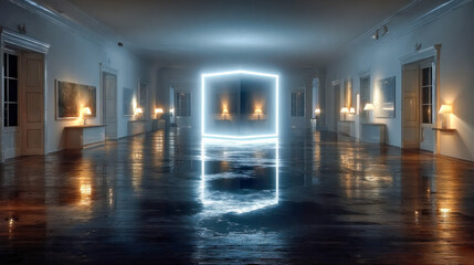Poster - Futuristic cube installation at night between modern glass buildings, reflecting glowing lights on wet pavement