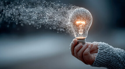 Poster - A frosty hand holding a glowing lightbulb emitting a digital network pattern, blending technology with winter visuals