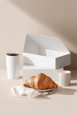 Poster - Minimalist Still Life of Croissant and Coffee with White Box and Silk Cloth in Studio Setting