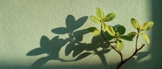 Poster - Green Plant with Shadow on Wall Still Life Close Up Soft Light Natural Beauty Simplicity Outdoors Serenity